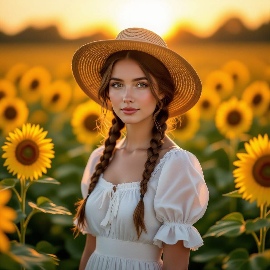 Woman in Sunflower Field at Golden Hour