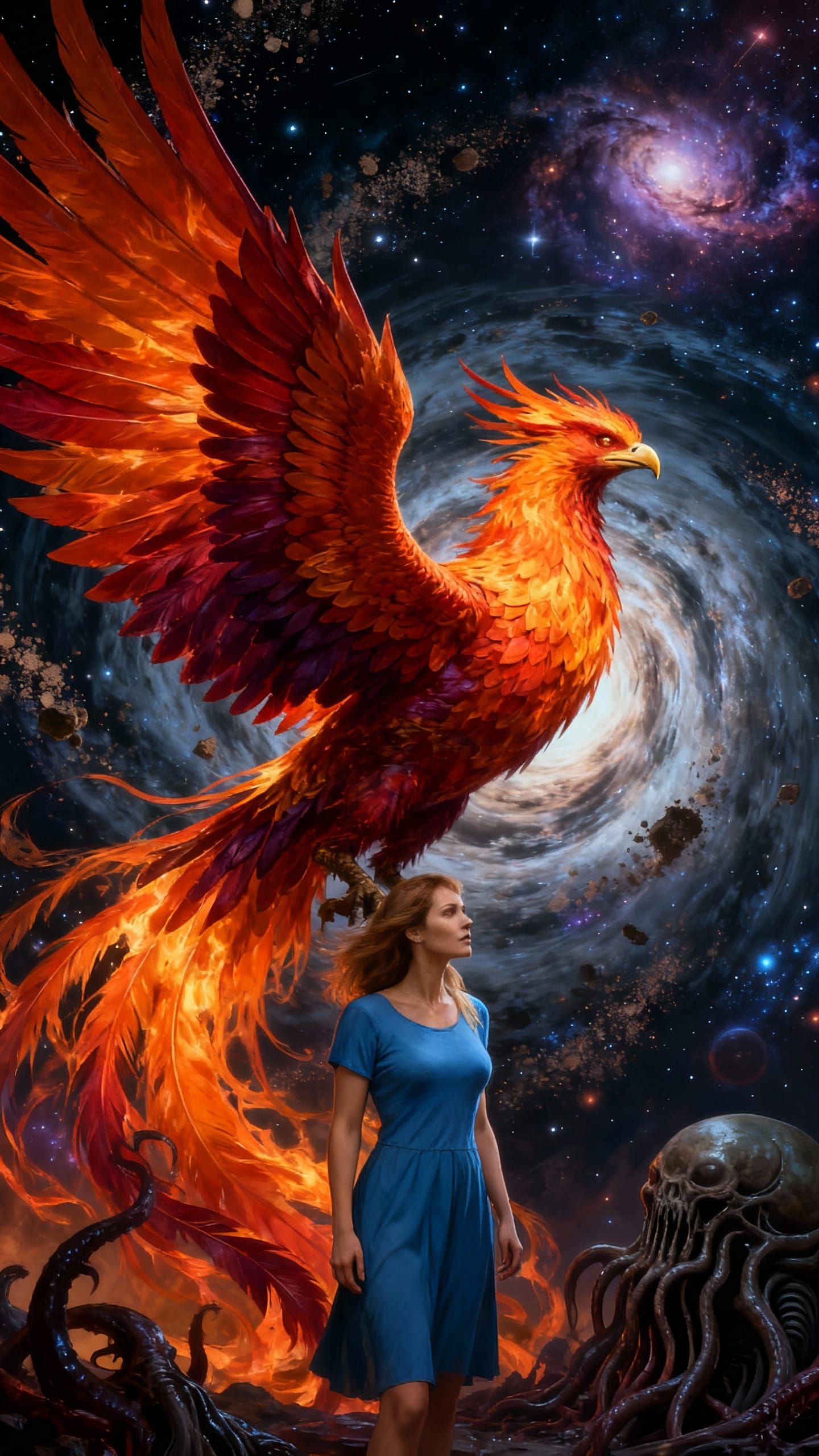Woman Meets Fiery Phoenix in Cosmic Vortex