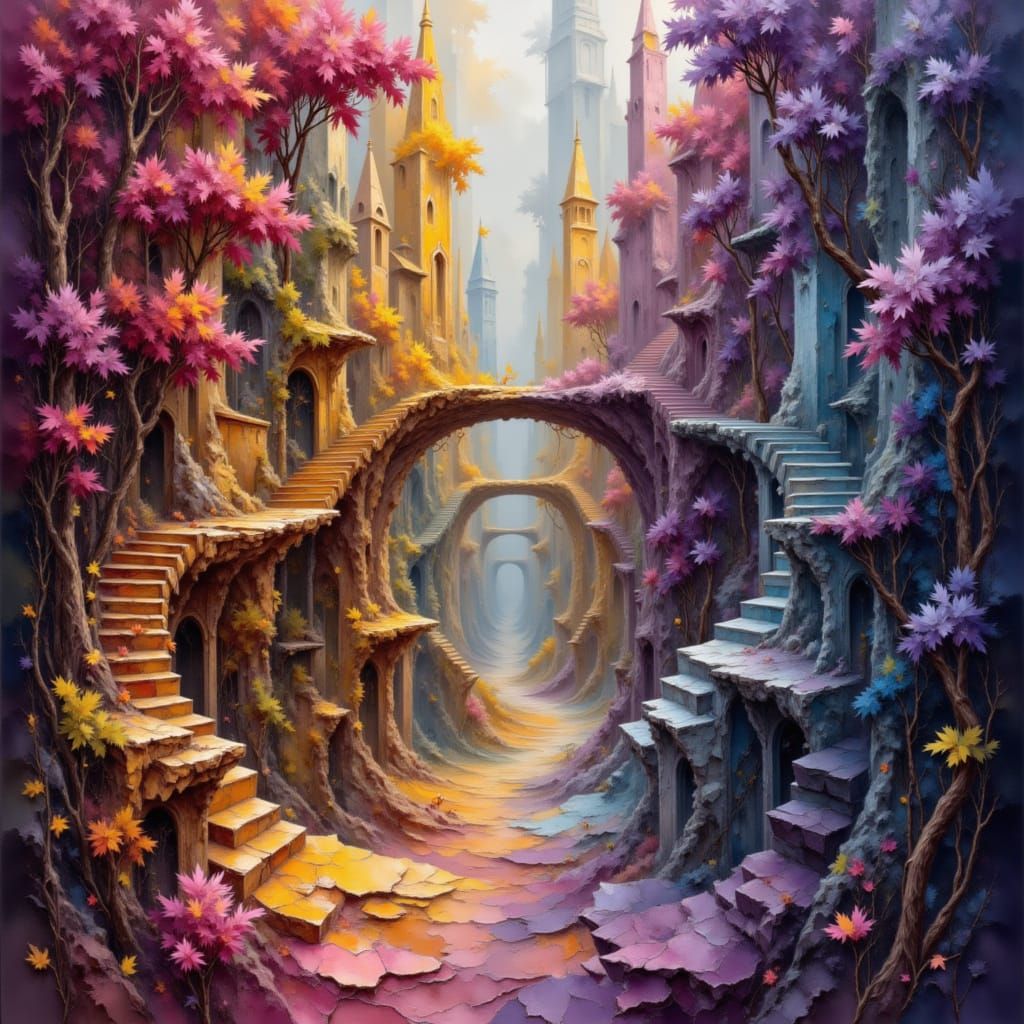 Surreal Escher-Inspired Architecture with Rainbow Gradients