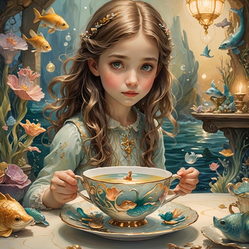 Girl and Mermaid in Teacup: Whimsical Illustration