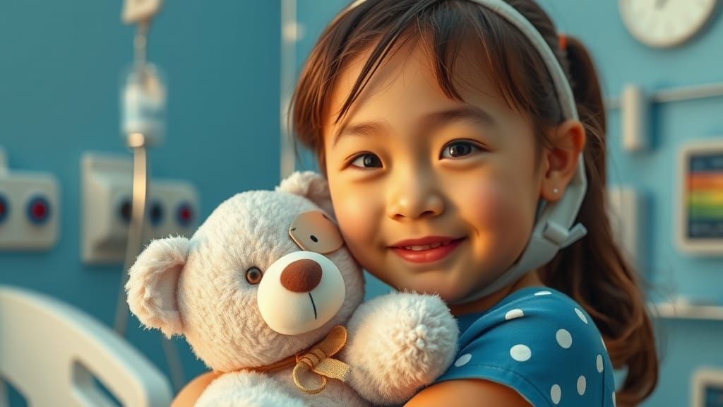 Girl with Eyepatch and Teddy Bear in Hospital