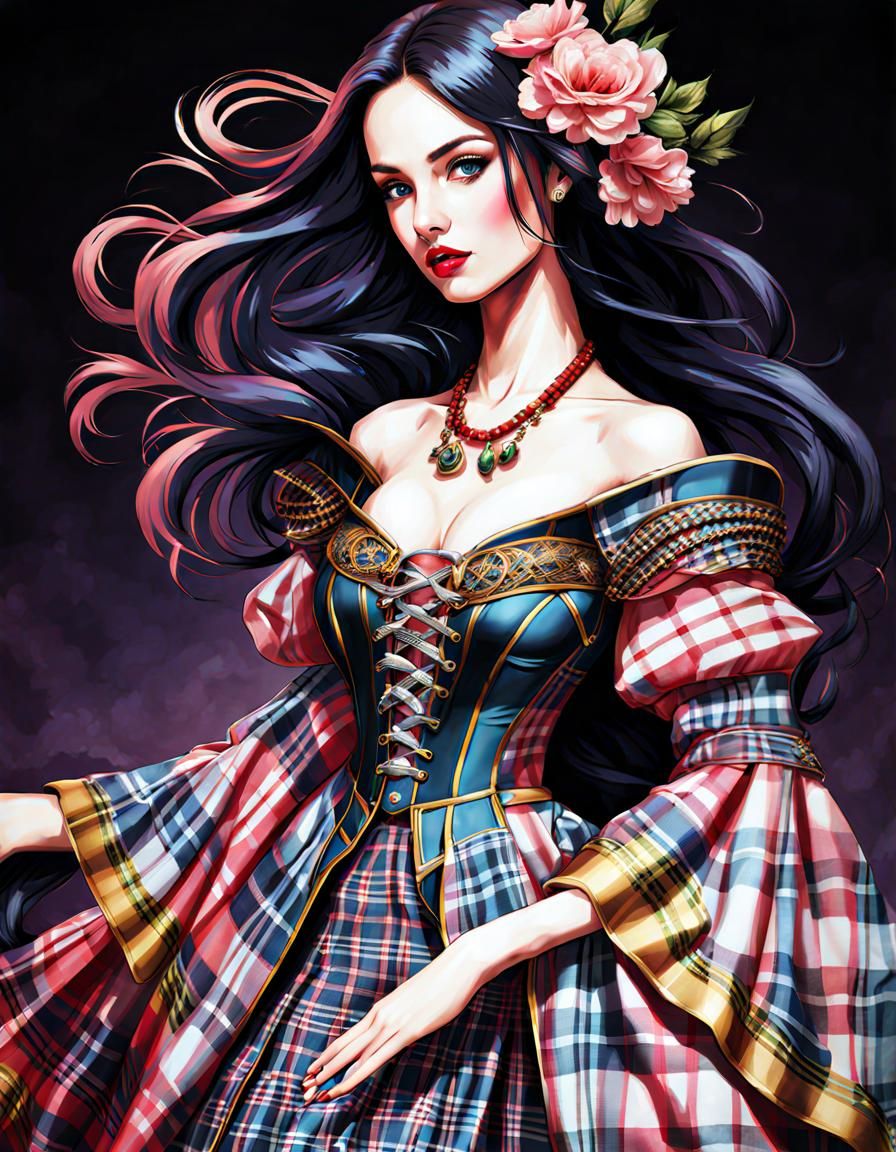 Cute Scottish Woman in Plaid Pattern Dress