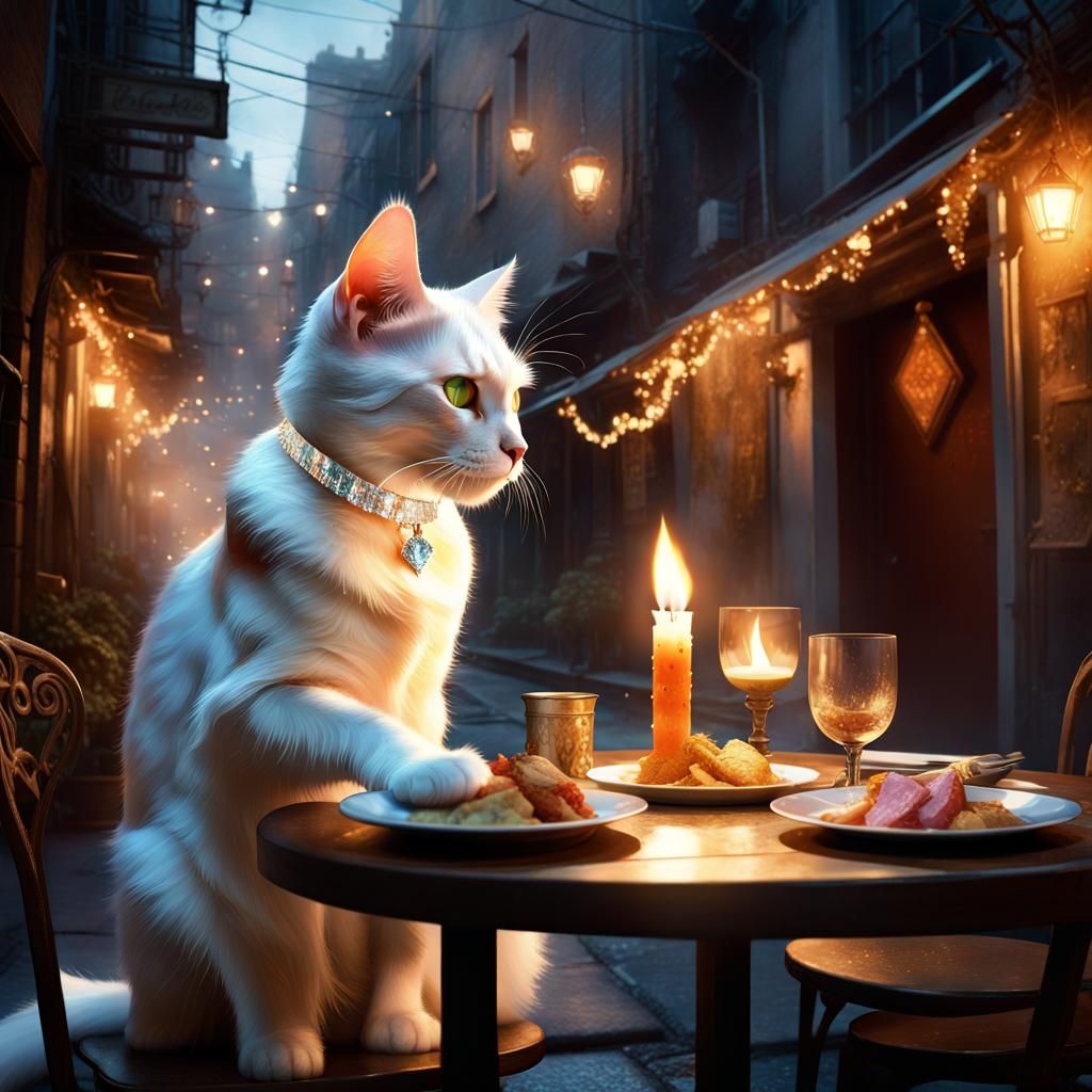 Cats' Valentine Dinner in Hologram, 3D Render