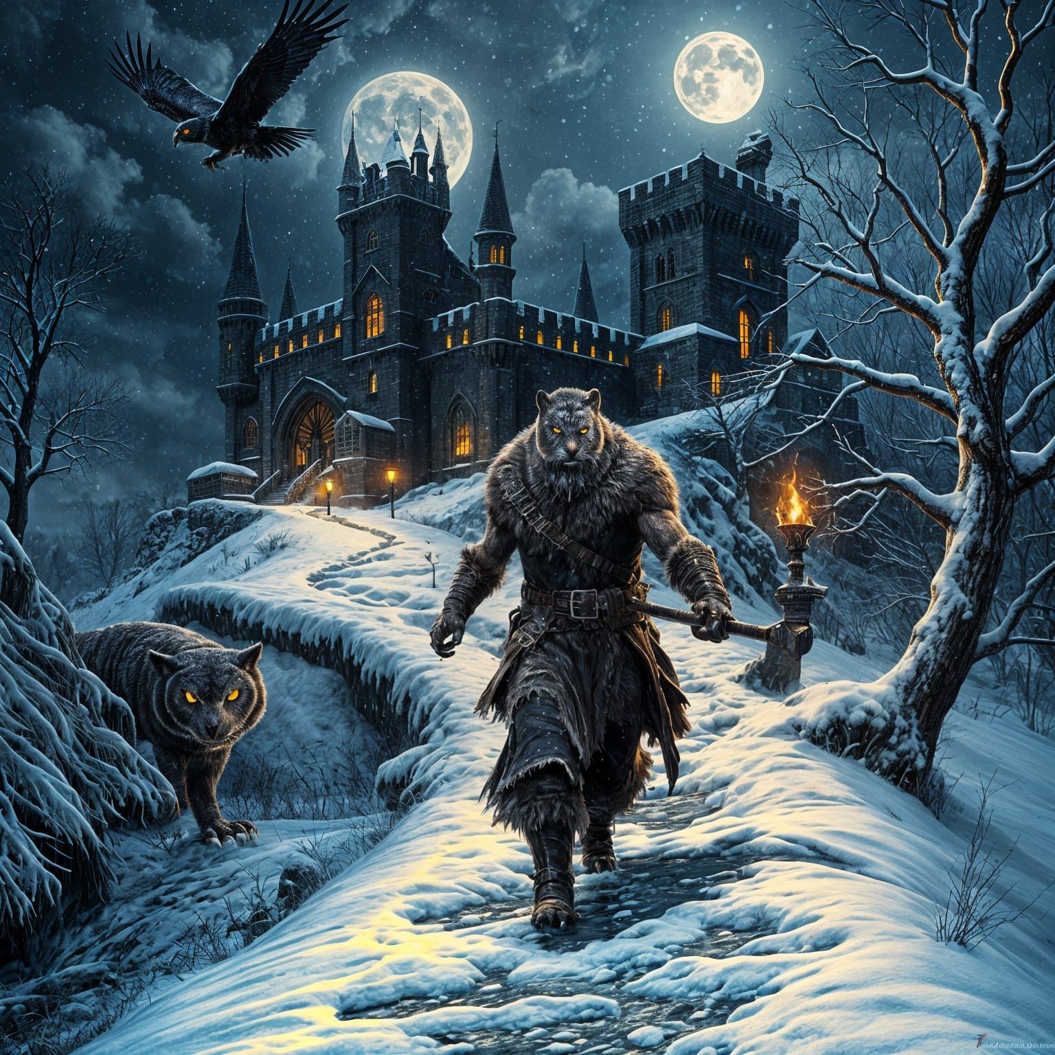 Barbarian Ascends Snowy Hillside Under Moonlit Castle