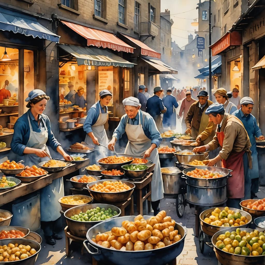 Vibrant Street Food Market in Watercolor