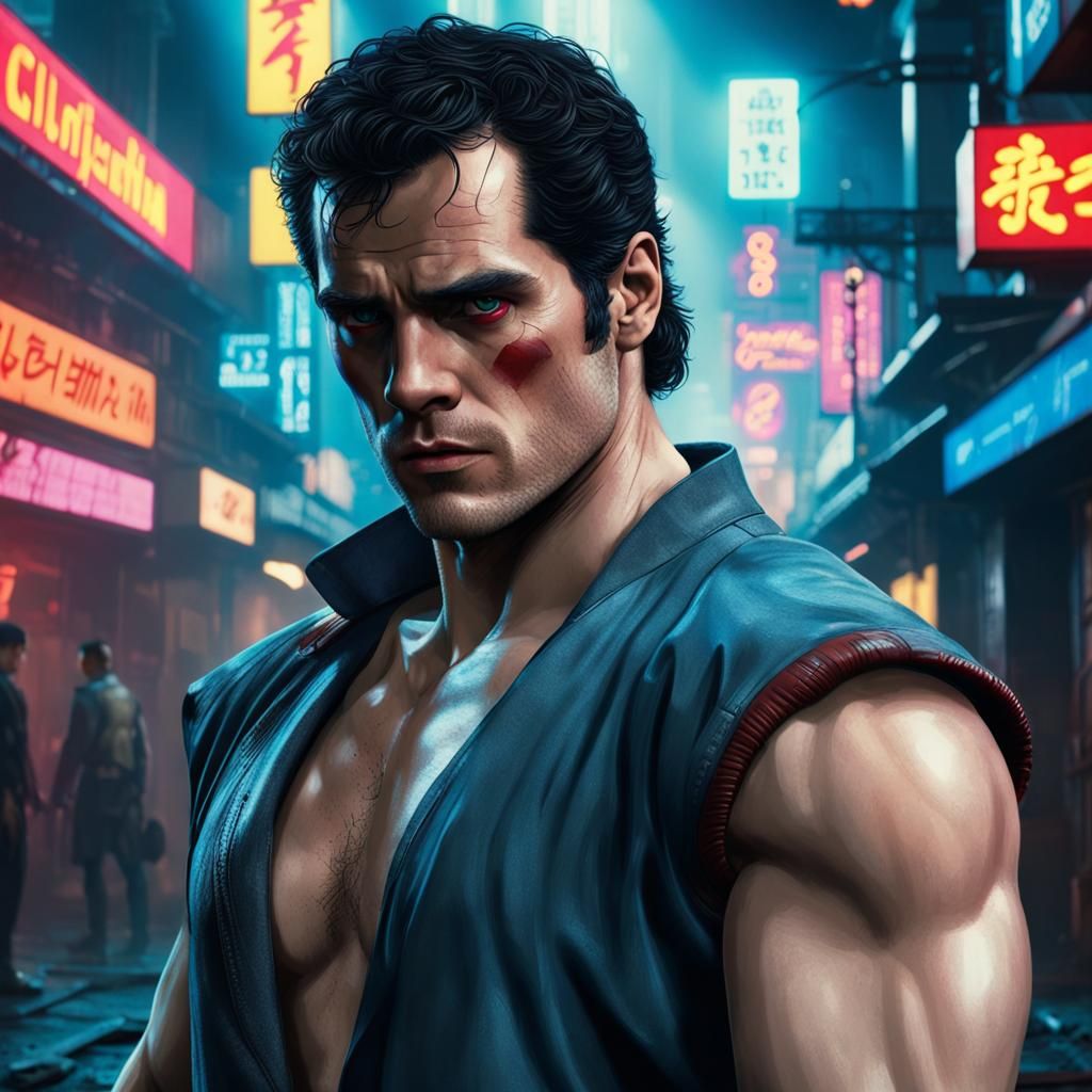 Ryu in Cyberpunk 2099 Style with Neon Lighting