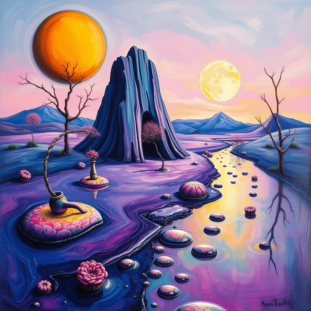 Dreamlike Spring Landscape in Vibrant Purple and Blue