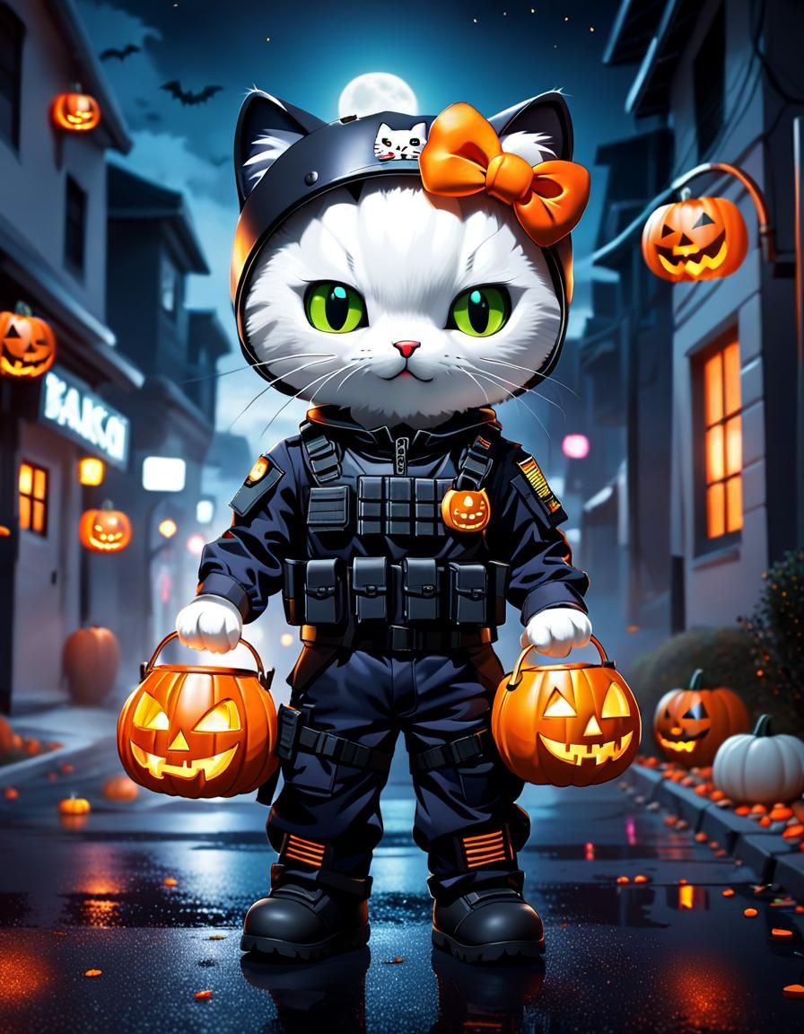 Tactical White Cat on Halloween Night