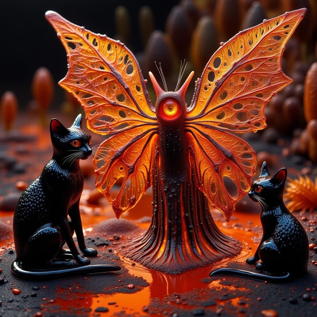 Surreal Black Cats Amidst Autumn Leaves and Bats