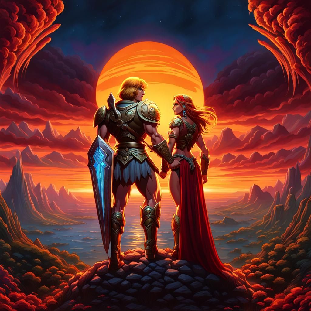 He-Man and Teela: Dark Fantasy Art Deco Sunset