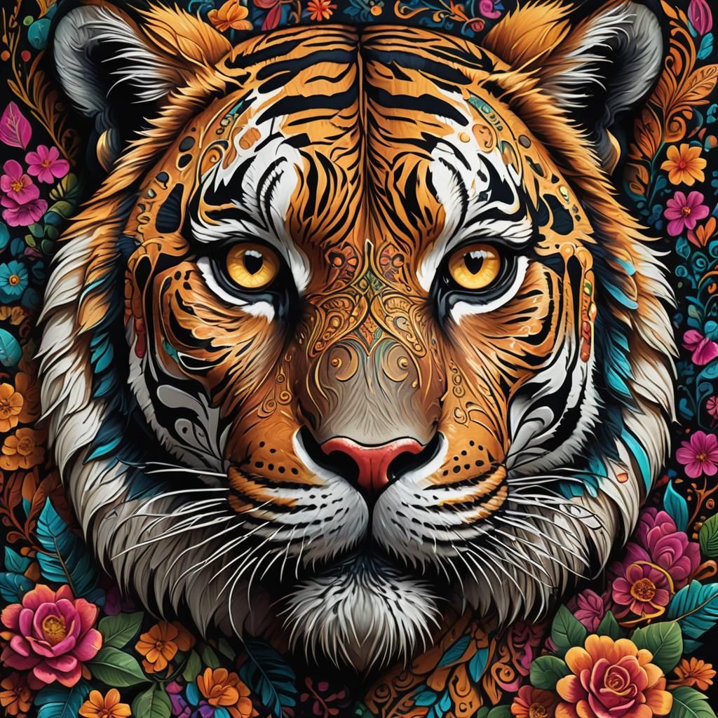 Tiger Face Painted as a Mexican Catrina in Digital Art