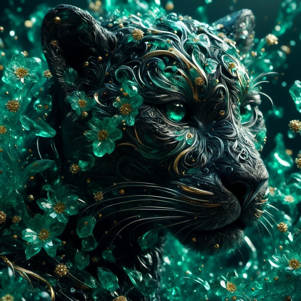 Black Jaguar Surrounded by Emerald Flowers