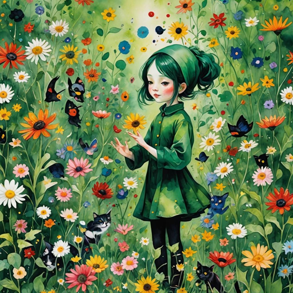 Floral Juju Hex Juggling Kittens, Watercolour Painting