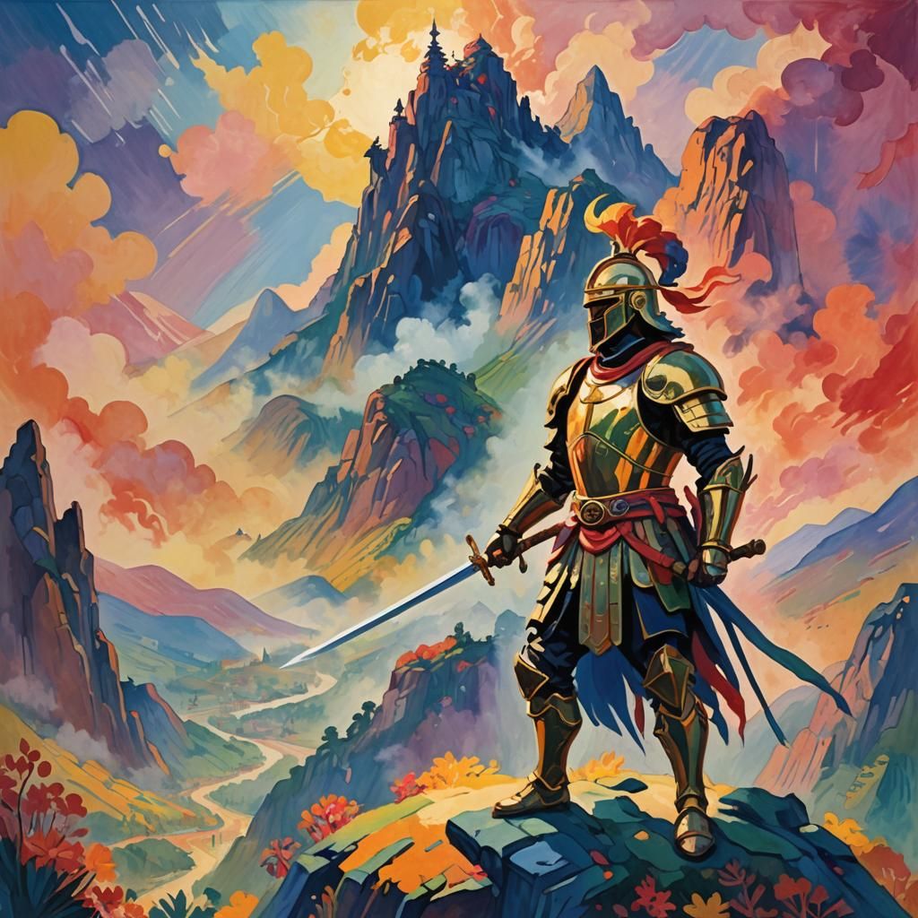 Mythical Warrior Overlooks Mystical Realm in Fauvist Style