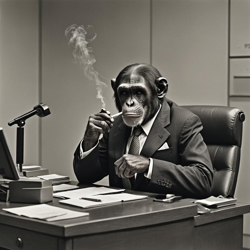 Dejected Chimp in Business Suit at Desk