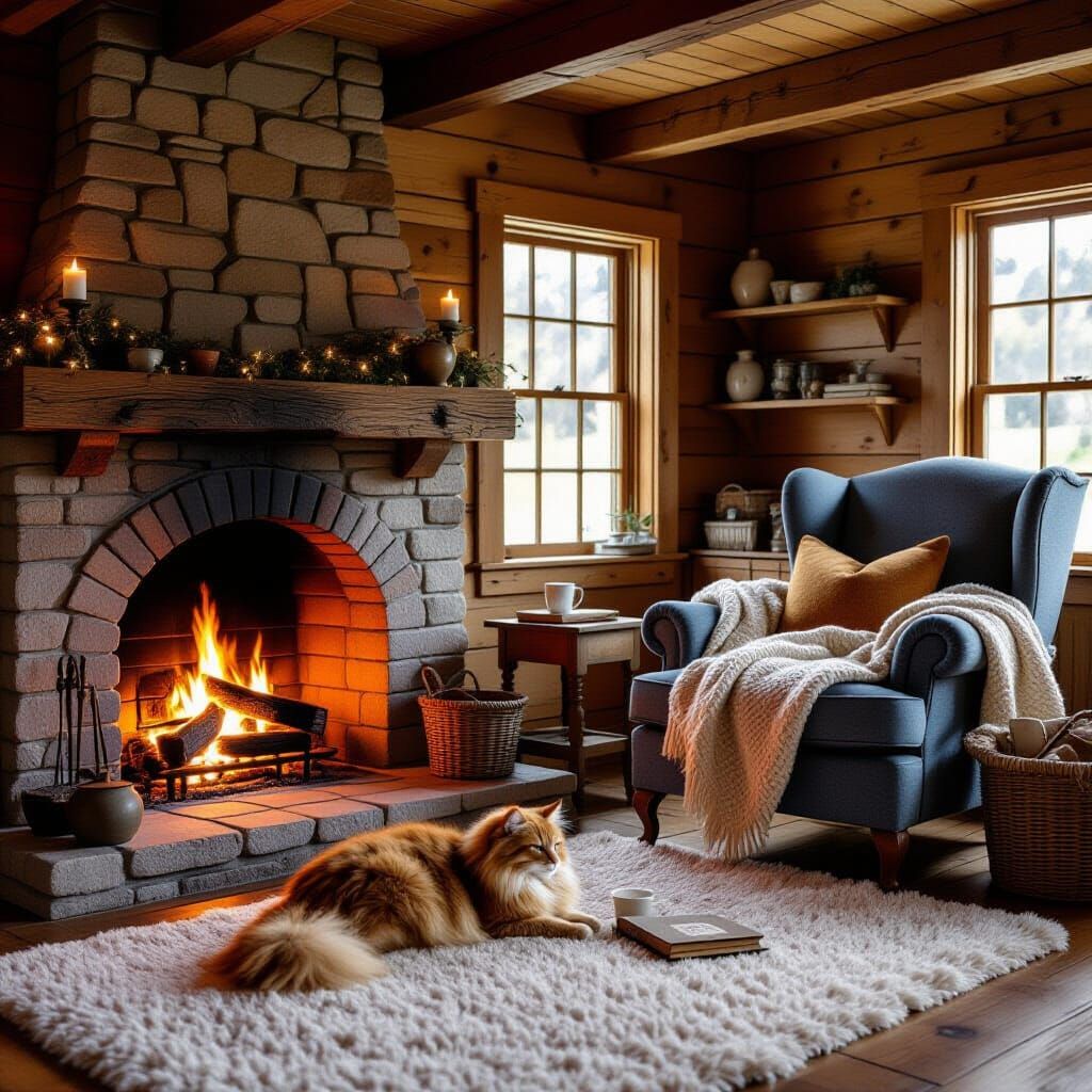 Cozy Countryside Home Interior with Fireplace and Cat