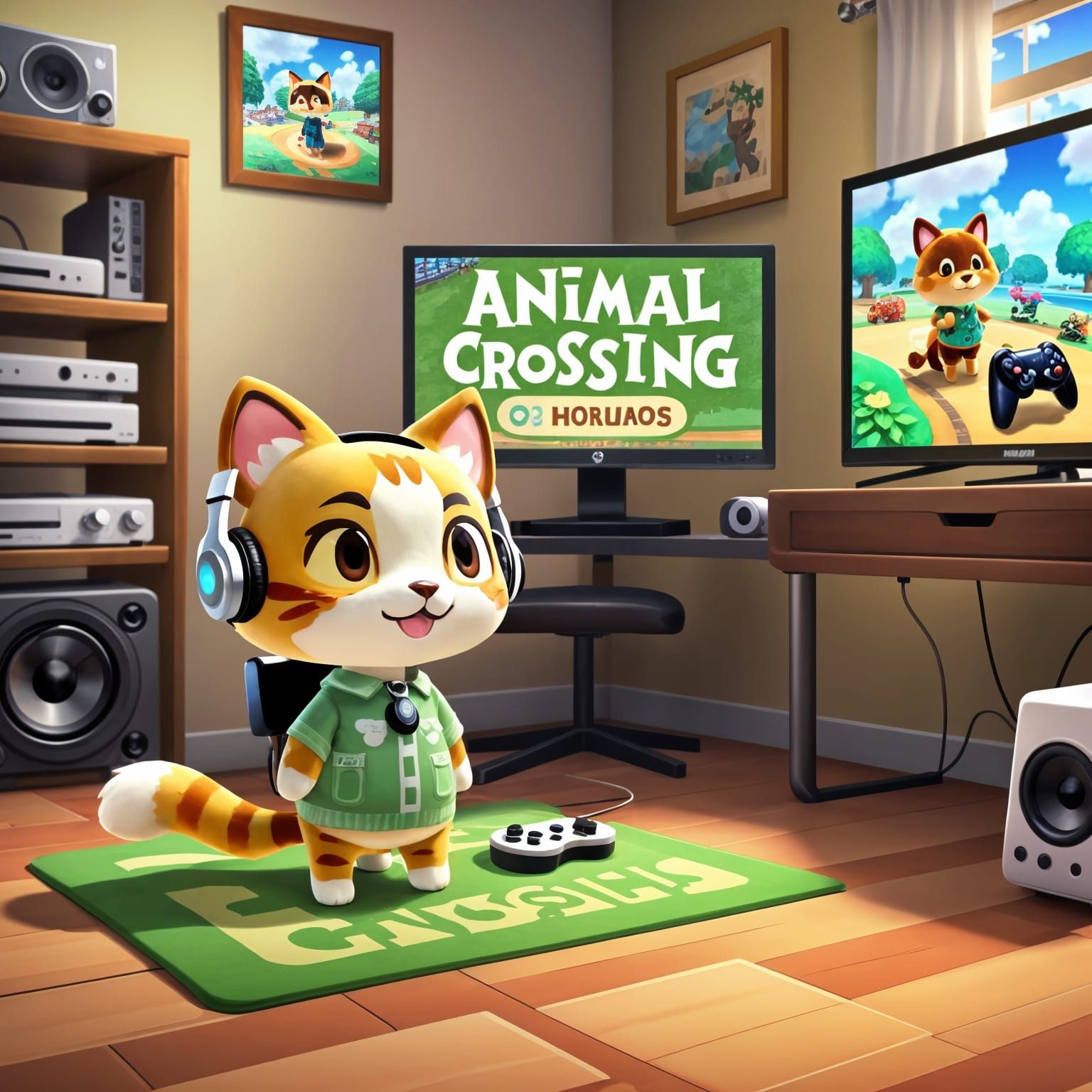 Anthropomorphic Cat Gamer in Cozy Room