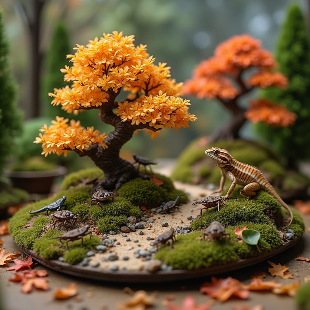 Miniature Autumn Village with Bearded Dragon in Terrarium