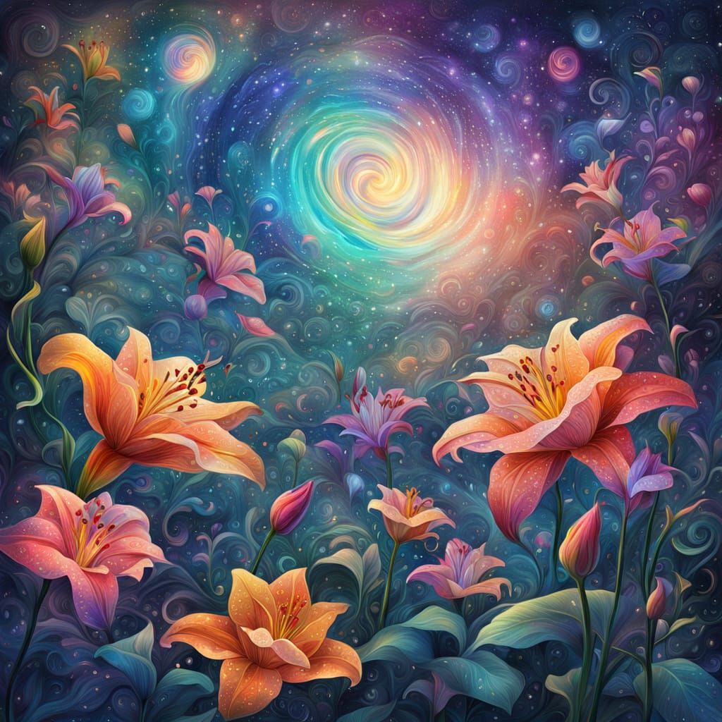 Secret Garden with Cosmic Lilies and Roses