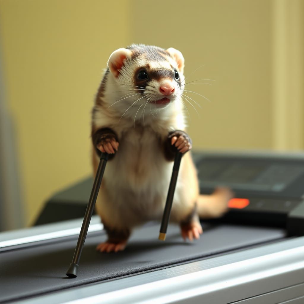 Elderly Ferret on Treadmill with Cane