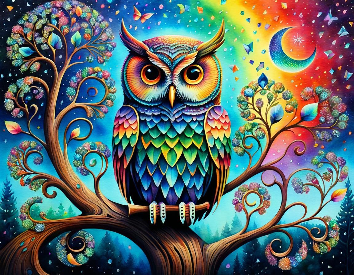 Surreal Music Tree with Owls in Watercolor Style