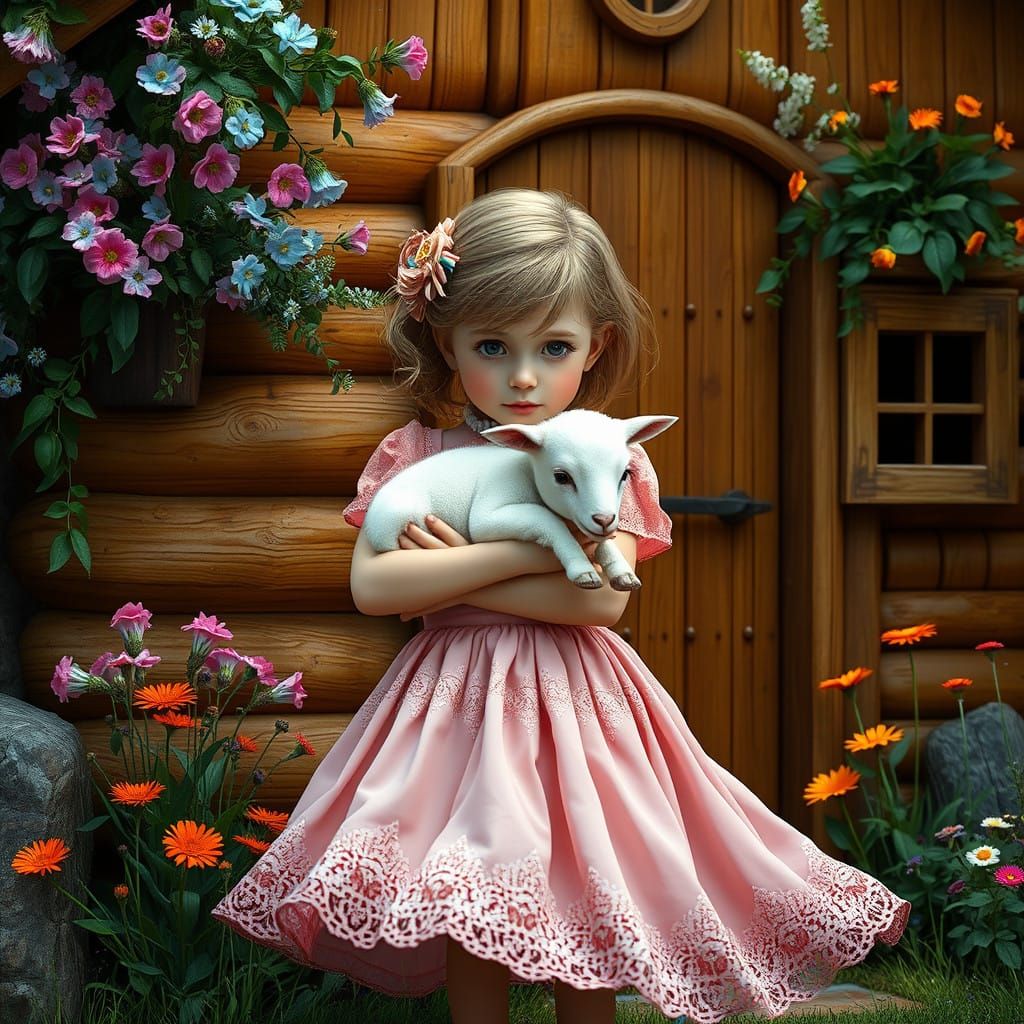 Whimsical Woodland Scene with Lamb and Girl