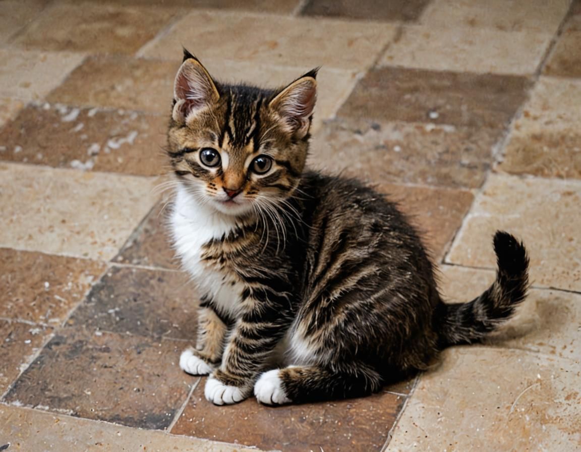 Sleeping Tabby Kitten on Tile Floor