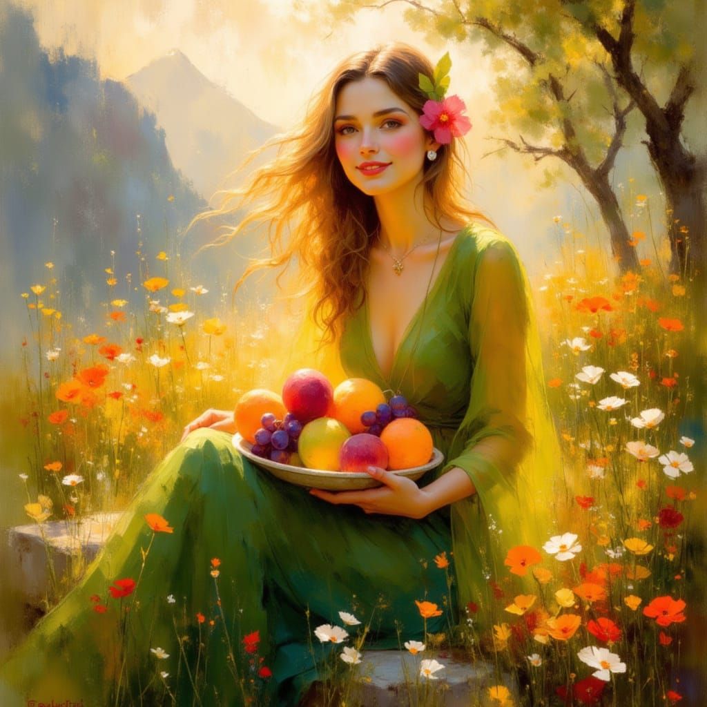 Goddess of Abundance in Dreamy Landscape