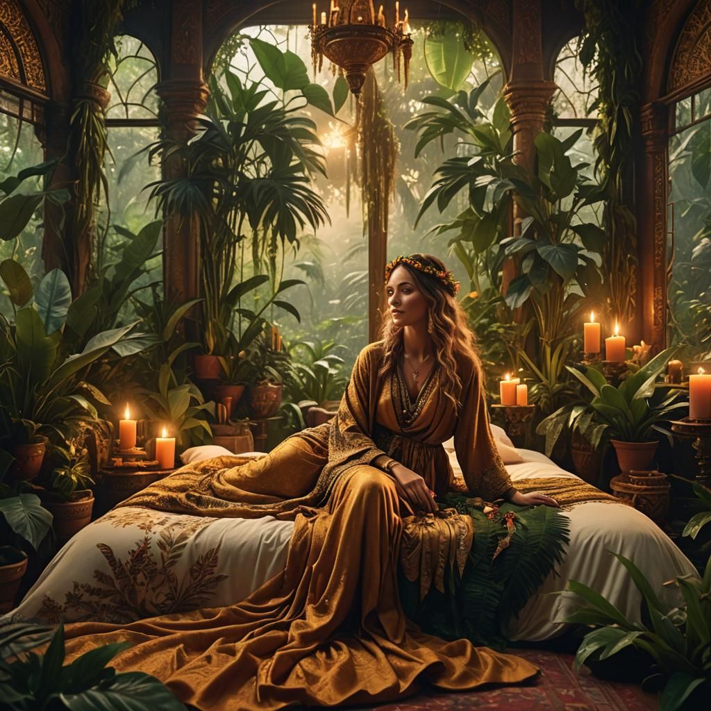 Bohemian Woman Lounging in Lush Jungle Room