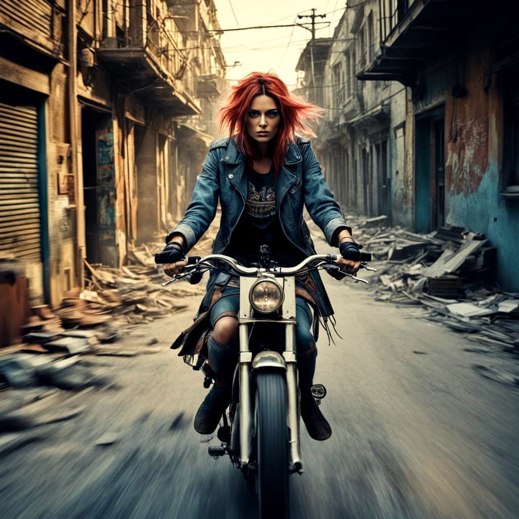 Grunge Girl Rides Through a Decaying Cityscape in Photoreali...
