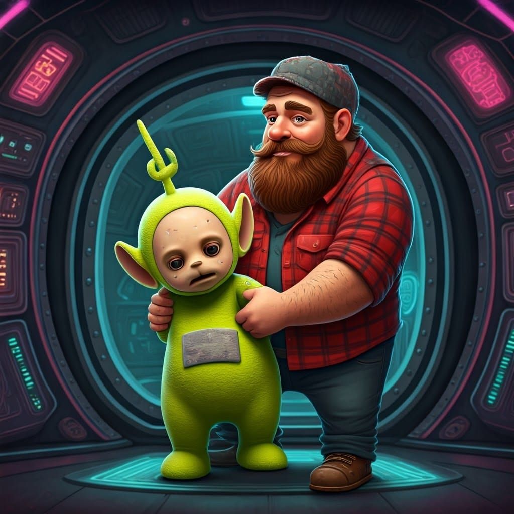 Surreal Lumberjack Rescues Frowning Teletubby from Neon Tech...