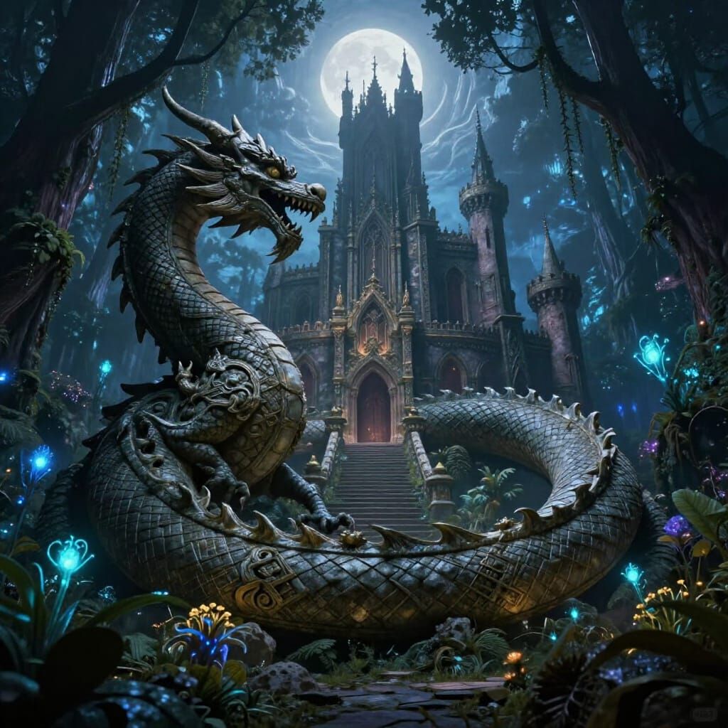 Stone Dragon Guards Enchanted Castle in Dark Fantasy Art