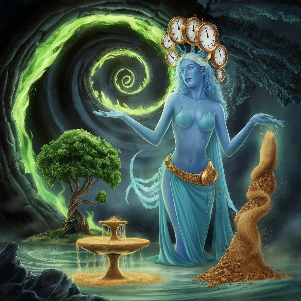 Celestial Goddess Harvesting Sand Near Magical Tree