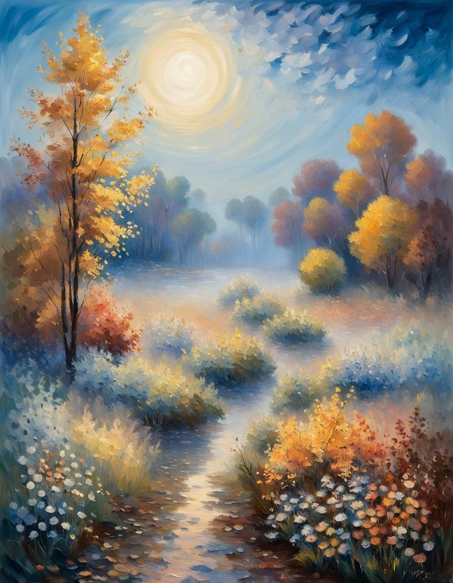 Impressionist Autumn Landscape with Wildflowers and Frost