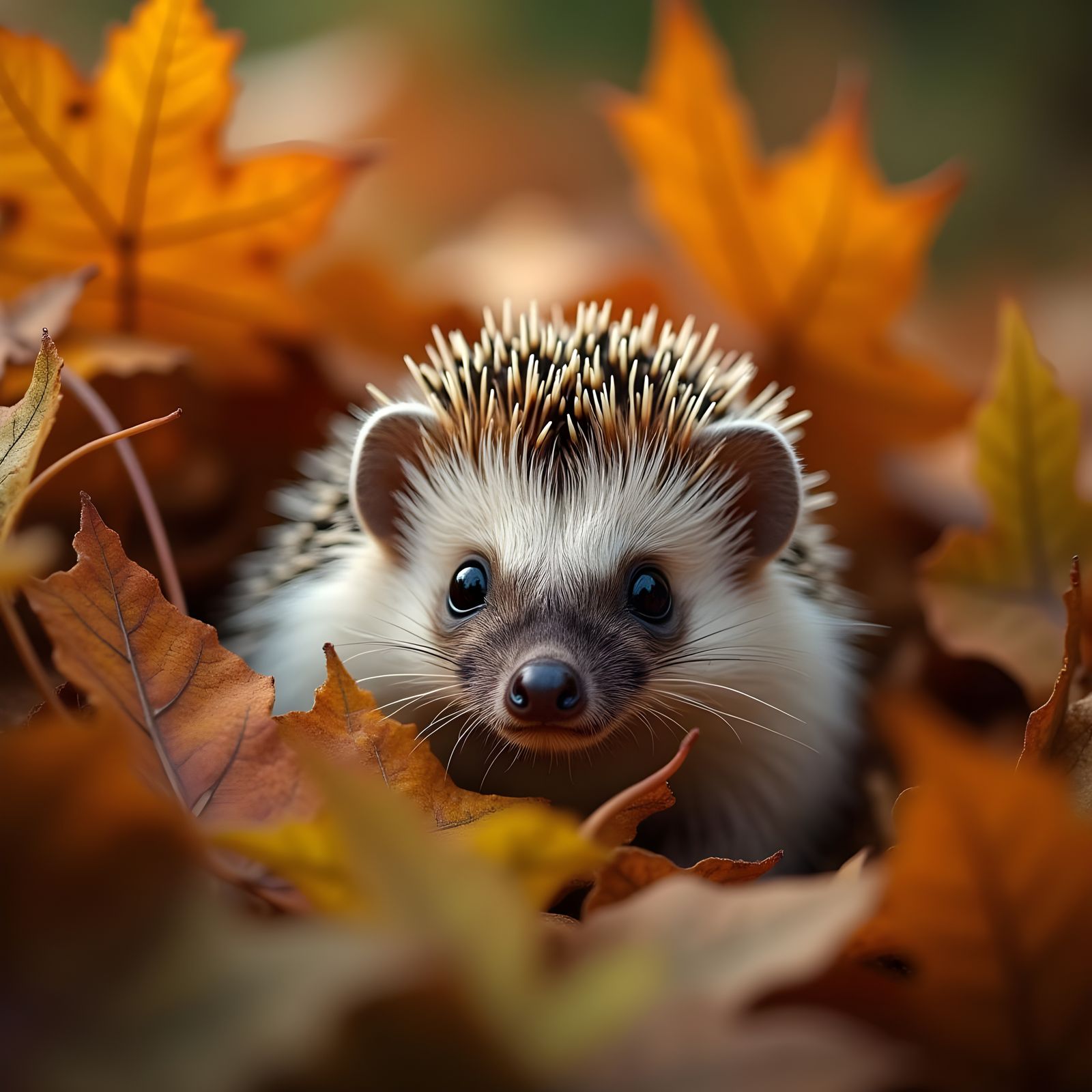 Hedgehog Portrait in Autumn Leaves