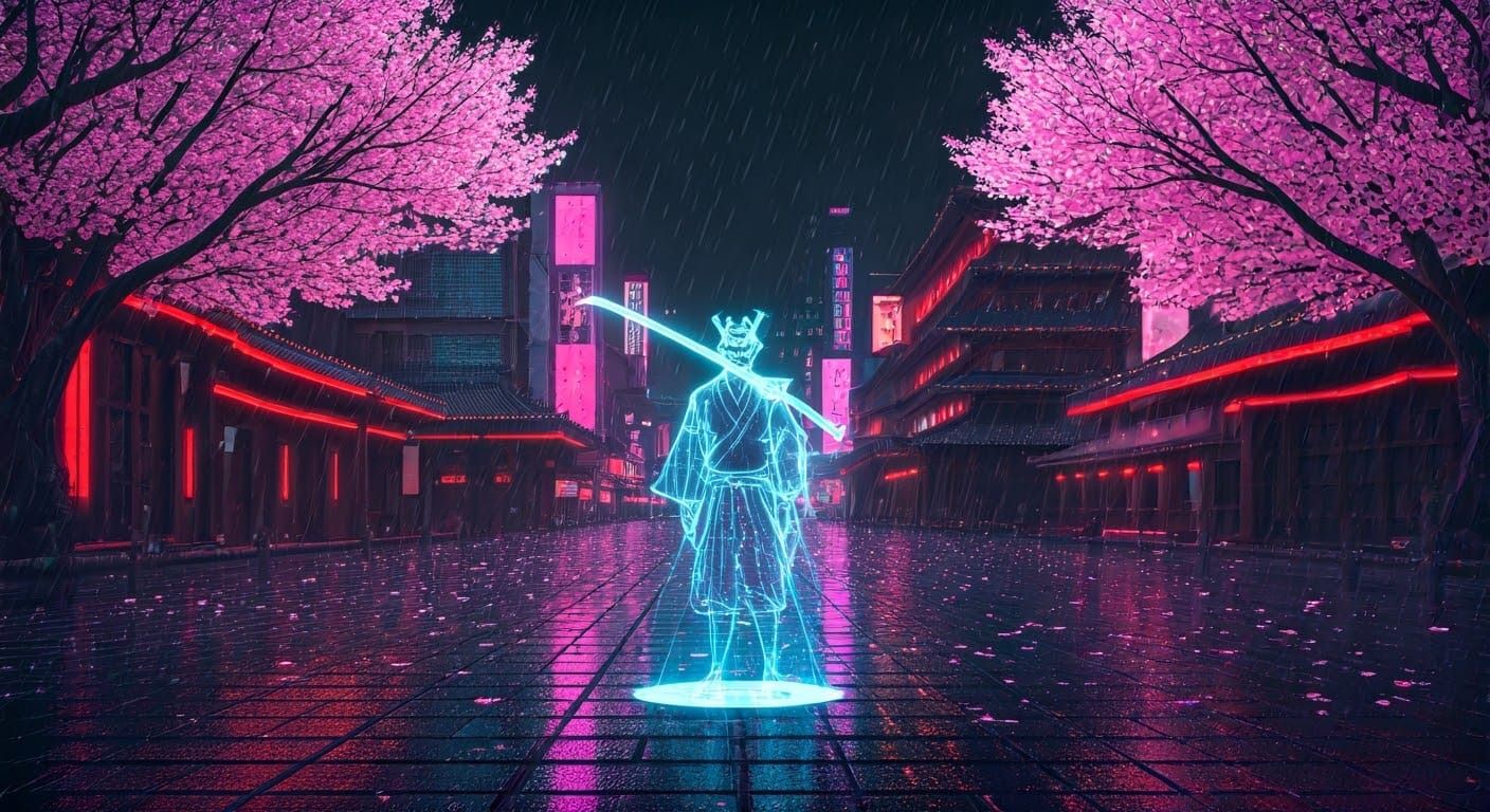 Futuristic Samurai Duel in Neon Metropolis