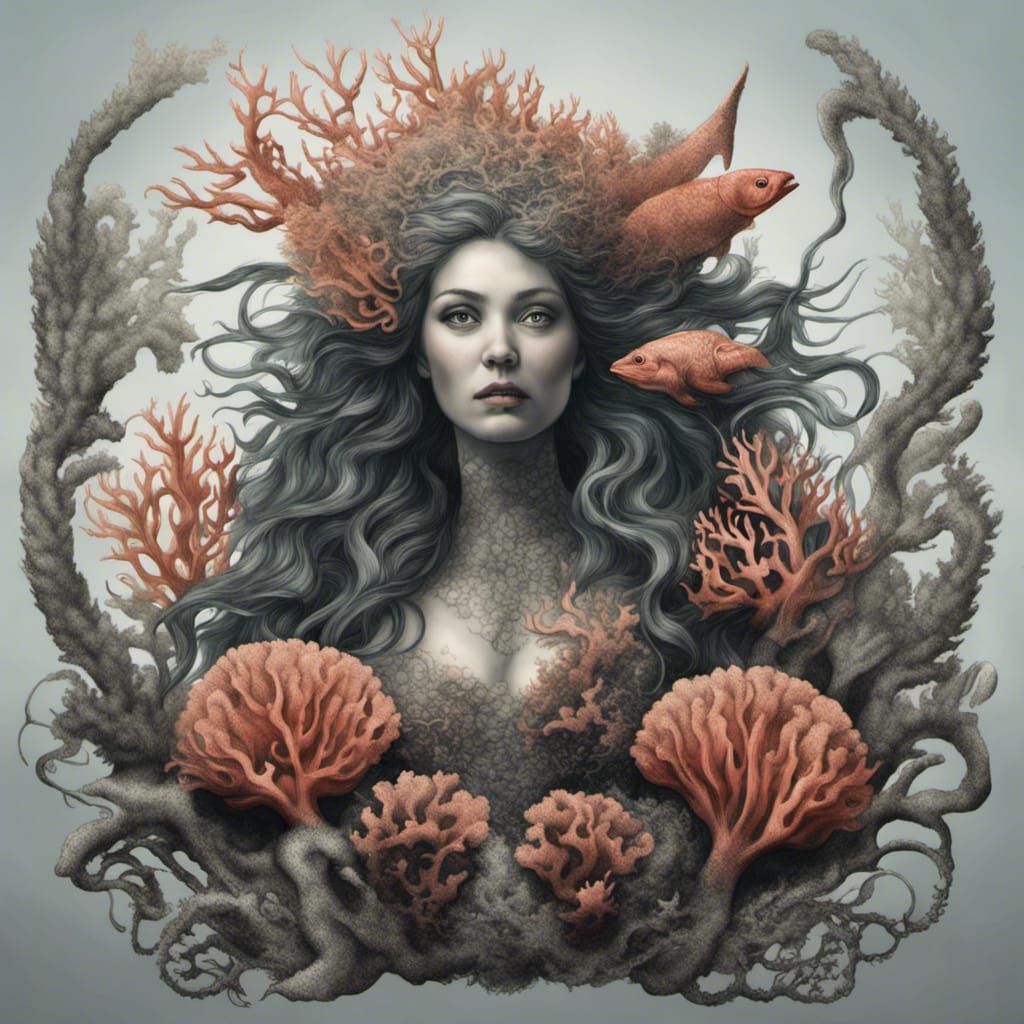 Victorian Sea Siren Illustration with Coral