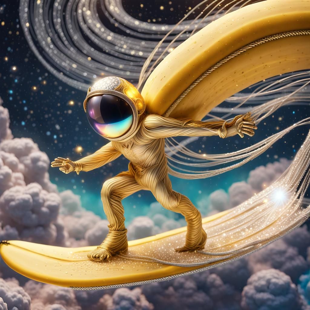 Kawaii Banana Surfer in Glowing Stardust