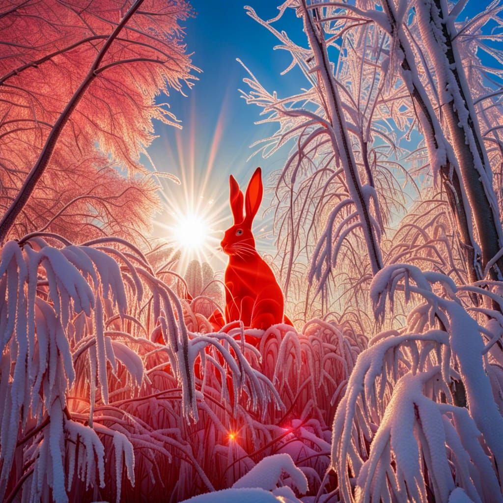Icy Forest Scene with Red Bunny in Sunlight