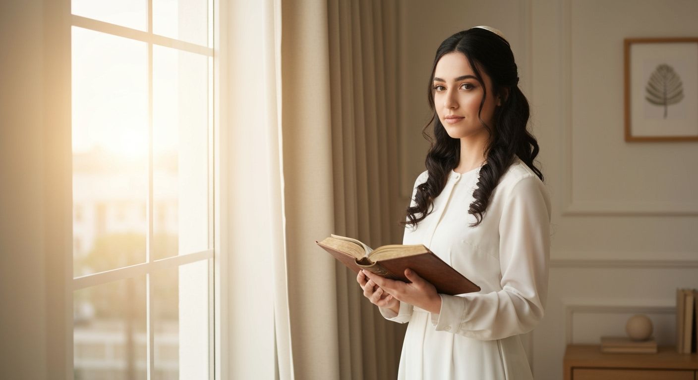 Modest Woman in Blue Tichel, Elegant and Simple
