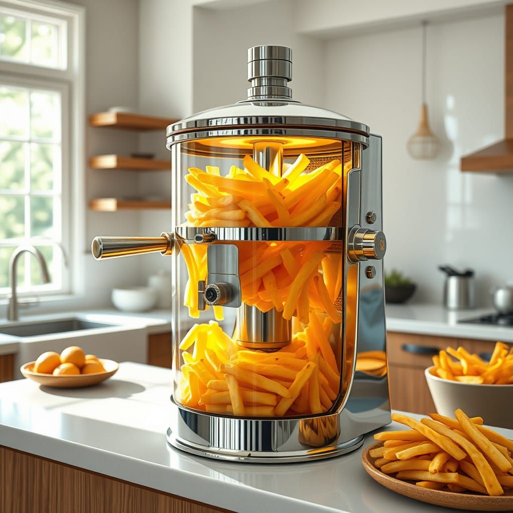 Retro-Futuristic French Fry Cooker in a Sunlit Kitchen