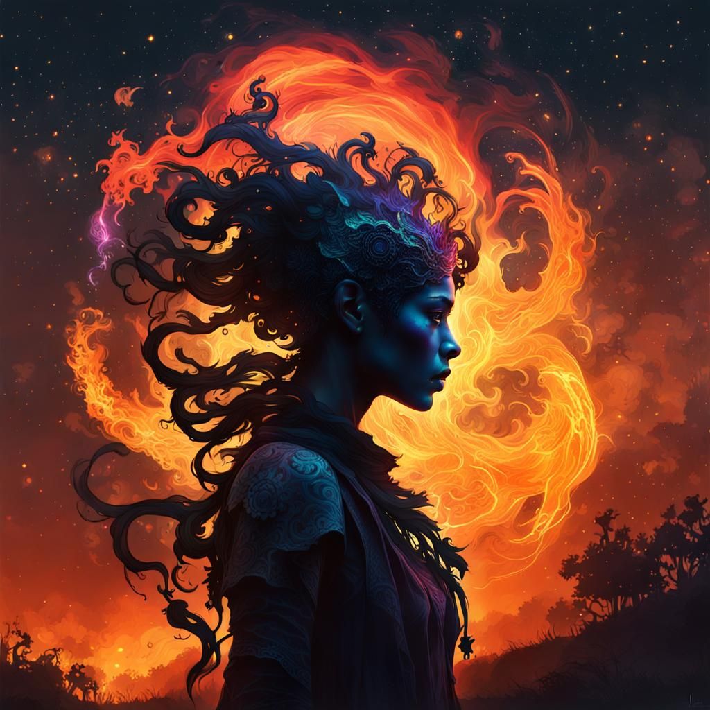 Fire Sorceress Silhouette in Psychedelic Nightscape