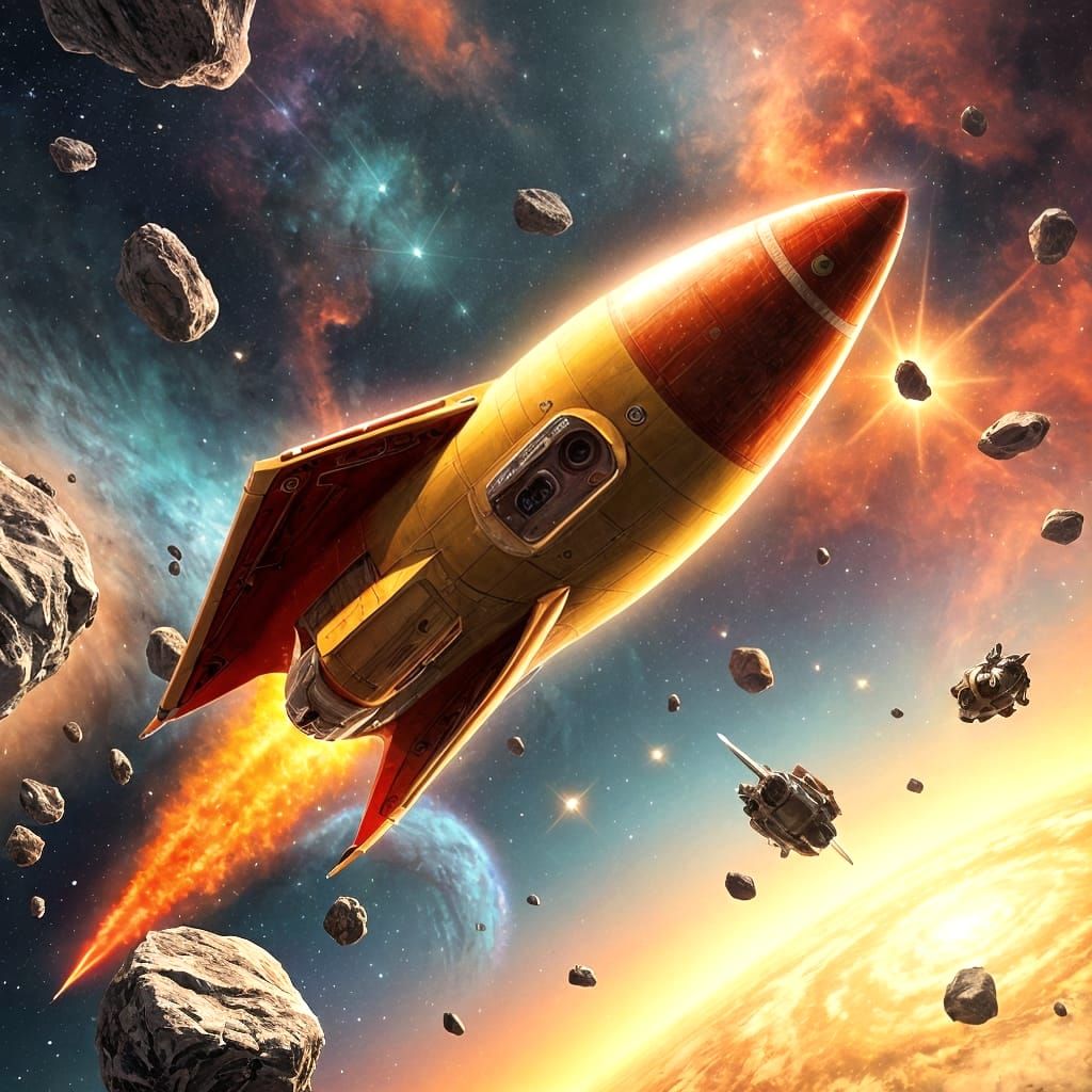 Retro-Futuristic Rocket Navigating Nebulae