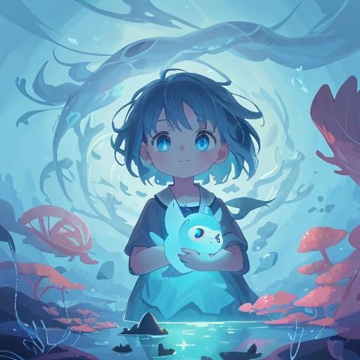 Enchanting Axolotl in Deep Blue Sea, Digital Painting