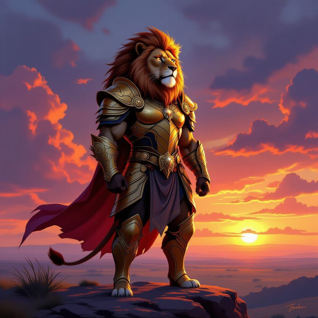 Majestic Lionman Warrior in Golden Armor at Sunset