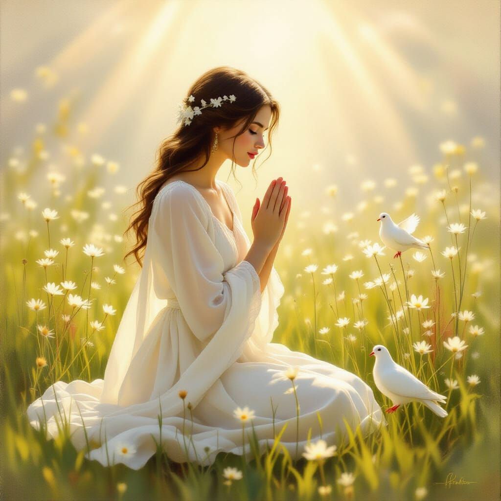 Spiritual Awakening: Girl in Sunlight with Peace Dove