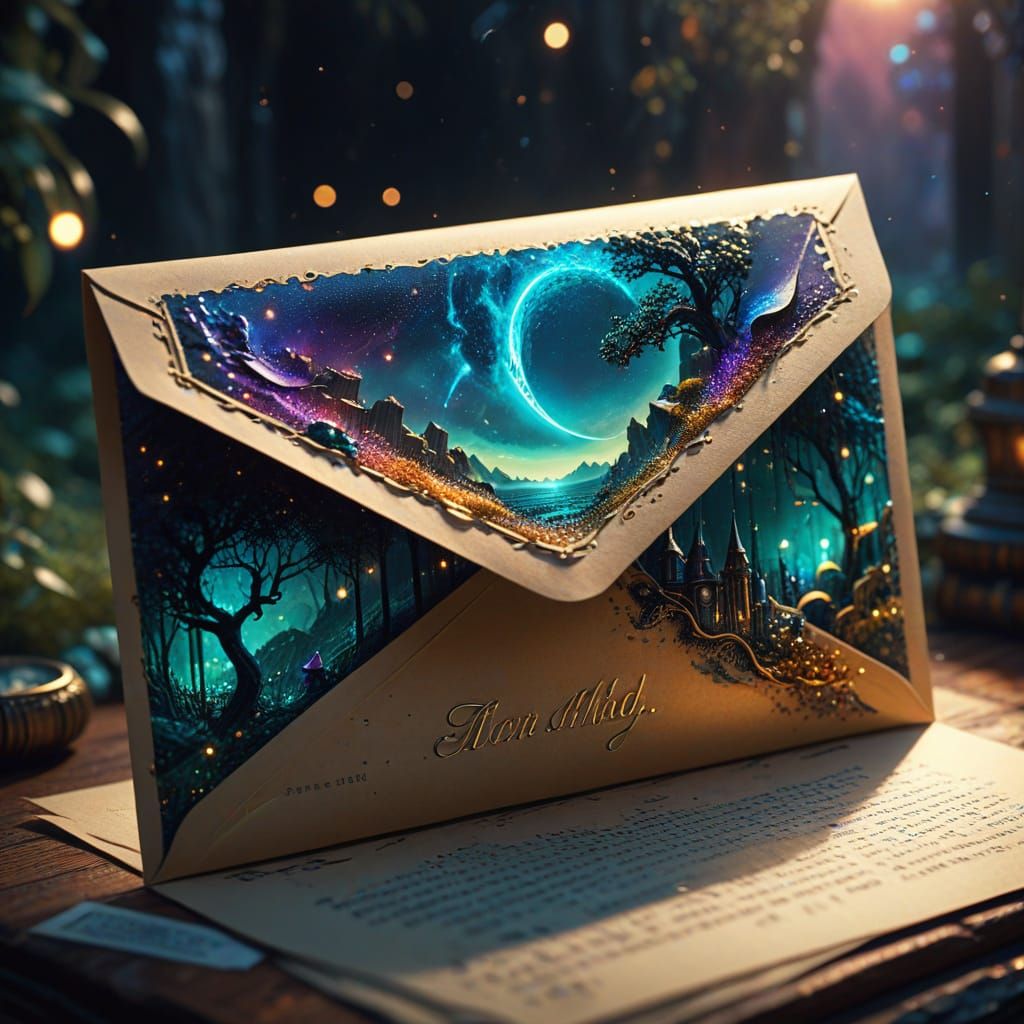 Fantasy Envelope Seeping Opulent Landscape in Surreal Art St...