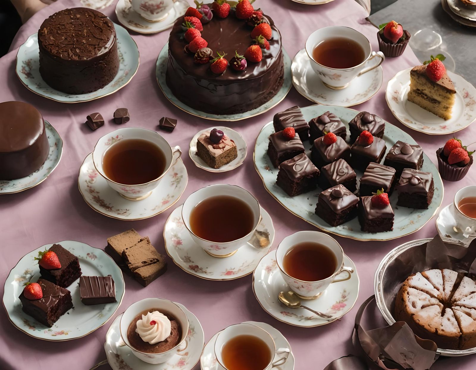 Delicious Tea, Chocolate, and Cakes Still Life