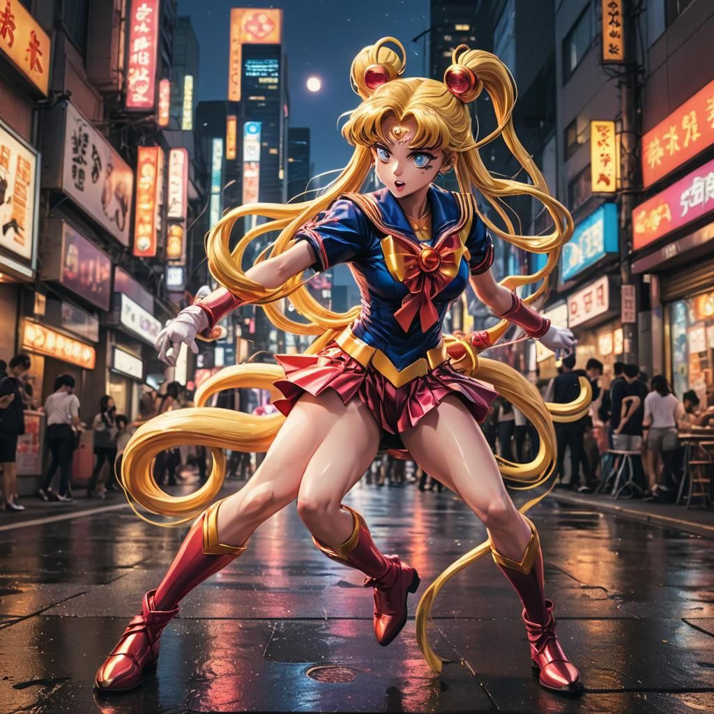 Sailor Moon Battles Cobra Skunk in Tokyo: Anime Art