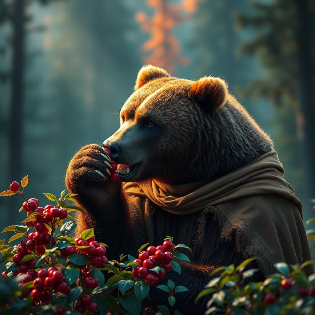 Majestic Brown Bear Surrounded by Berry Bush in Vibrant Fore...
